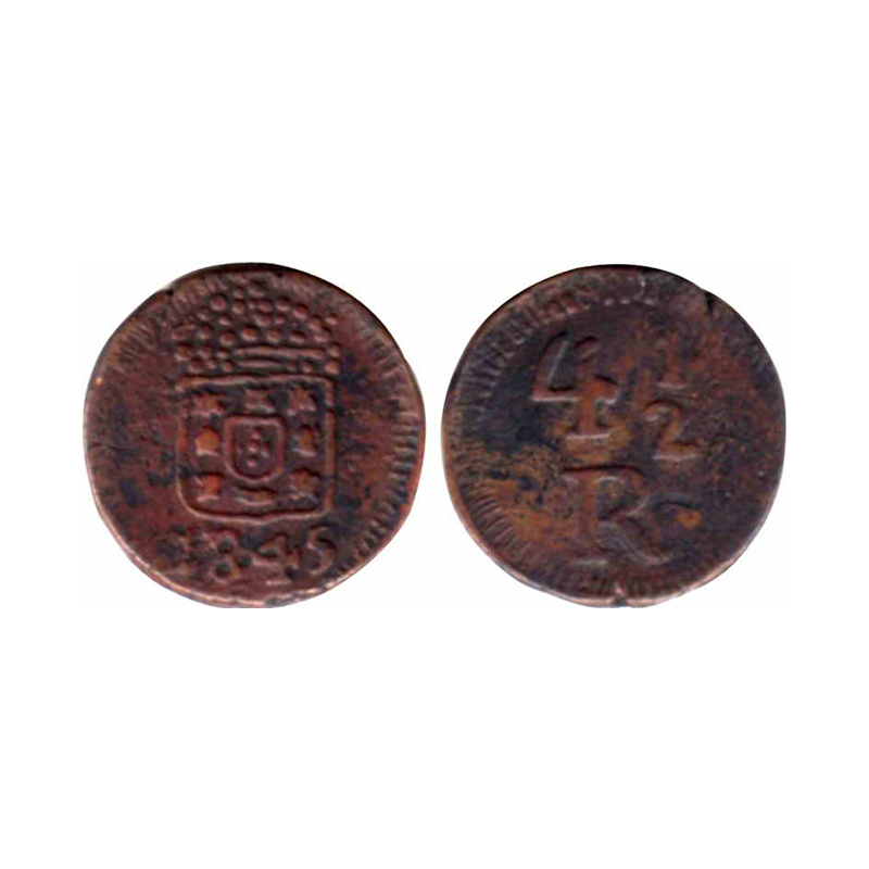 Goa, Copper, 4 ½ Reis, 1845. Value on obverse, Shield and year on reverse. About Extremely