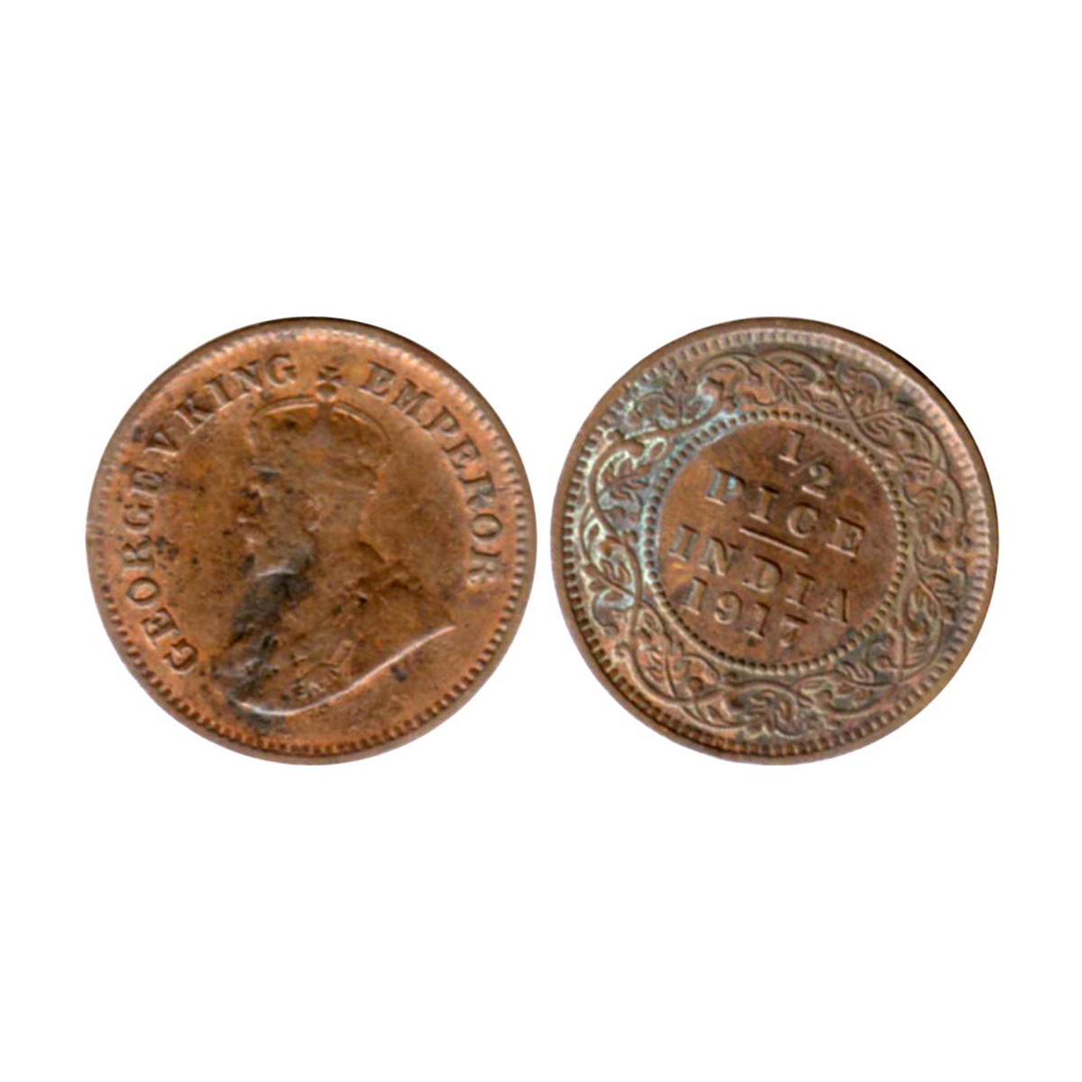 George V, Bronze, ½ Pice, 1917, Calcutta Mint (GK# 1203). Die-rotation variety with the re