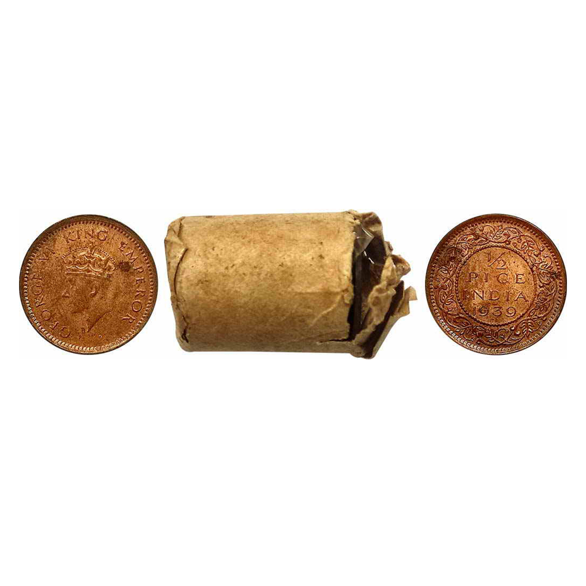 George VI, Bronze, ½ Pice, 1939 Roll of 25 coins, Bombay Mint (GK# 1450). In original Brow