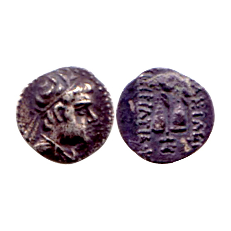 Indo-Greek, Eucratides (c. 170-145 BC), Silver Obol, 0.55 g, obv. helmeted bust of the kin