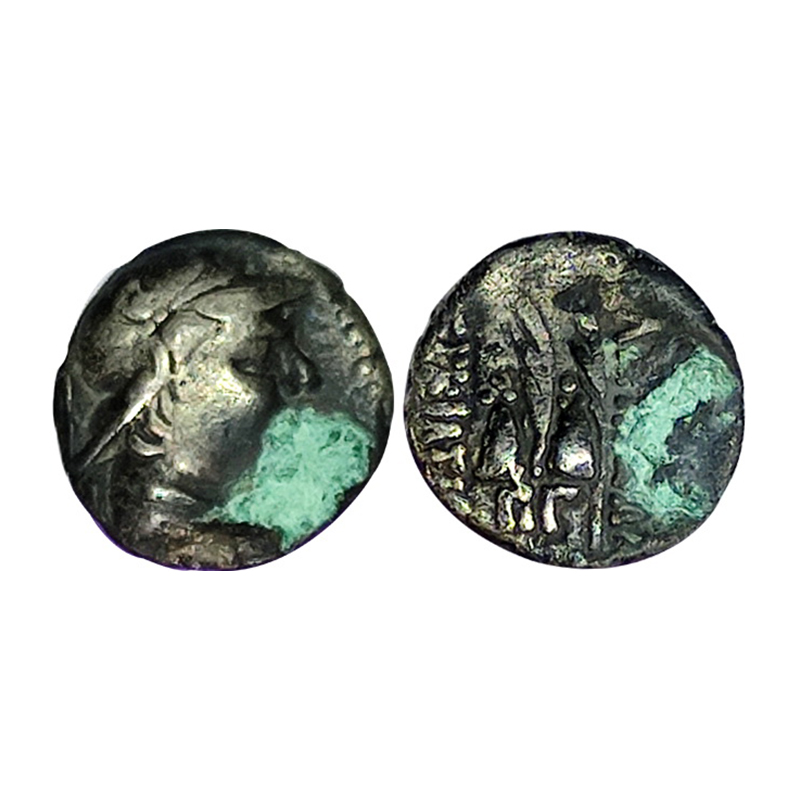 Indo-Greek, Eucratides (c. 170-145 BC), Silver Obol, 0.66 g, obv. helmeted bust of the kin