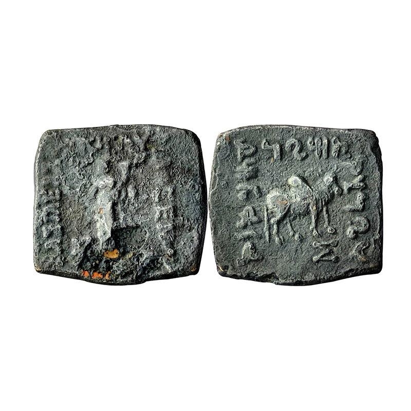 Indo-Greek, Philoxenos, Copper, Square Unit, 7.30 g, Greek Goddess Nike standing to left i