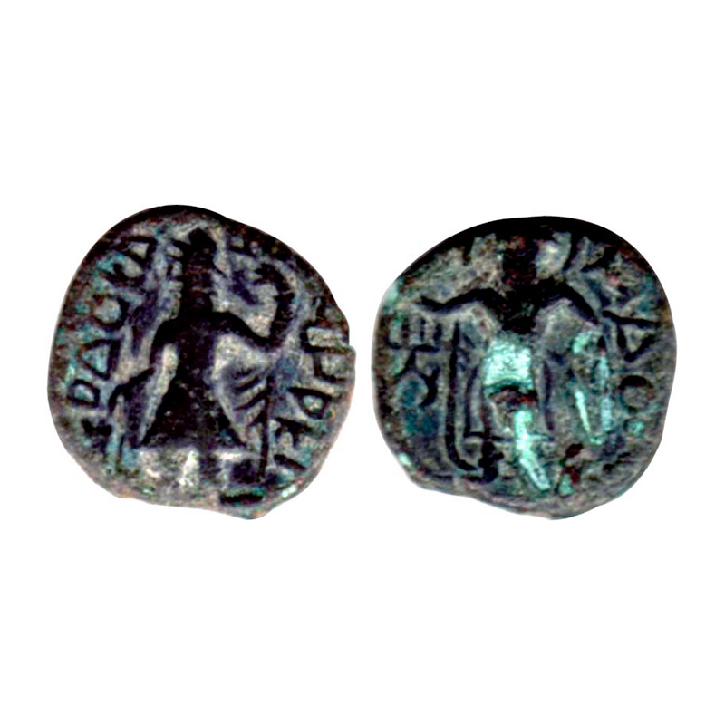 Kushanas, Kanishka, 1st century AD, Copper, 3.78 g, king standing, holding a spear in left