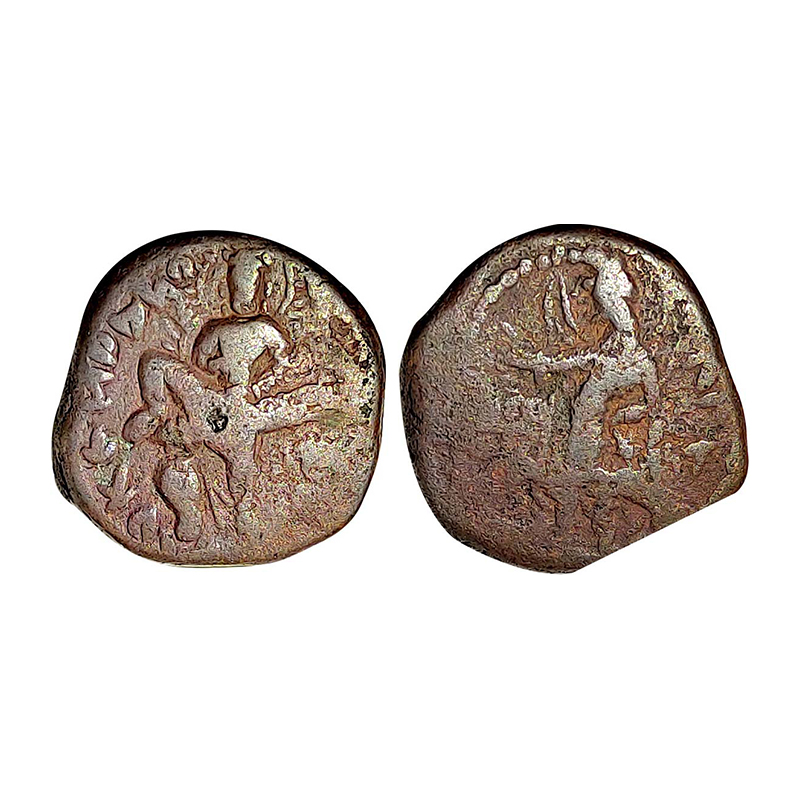 Kushanas, Kanishka, 1st century AD, Copper, 14.47 g, king seated on a soft cushion with cr