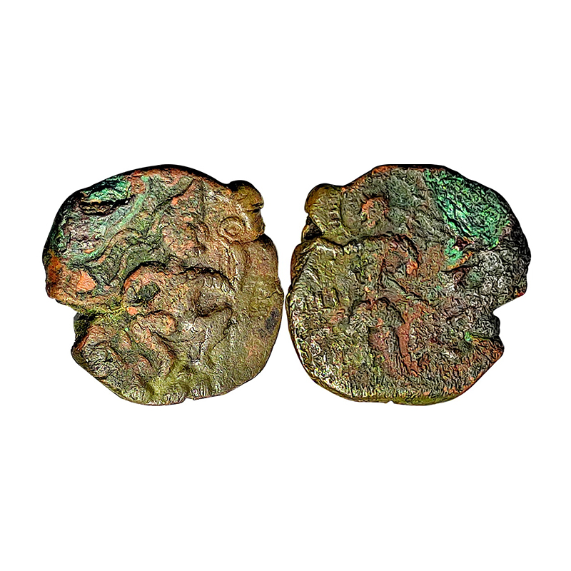 Kushanas, Huvishka, 2nd century AD, Copper, ½ Unit, 8.05 g, king seated on a throne, holdi
