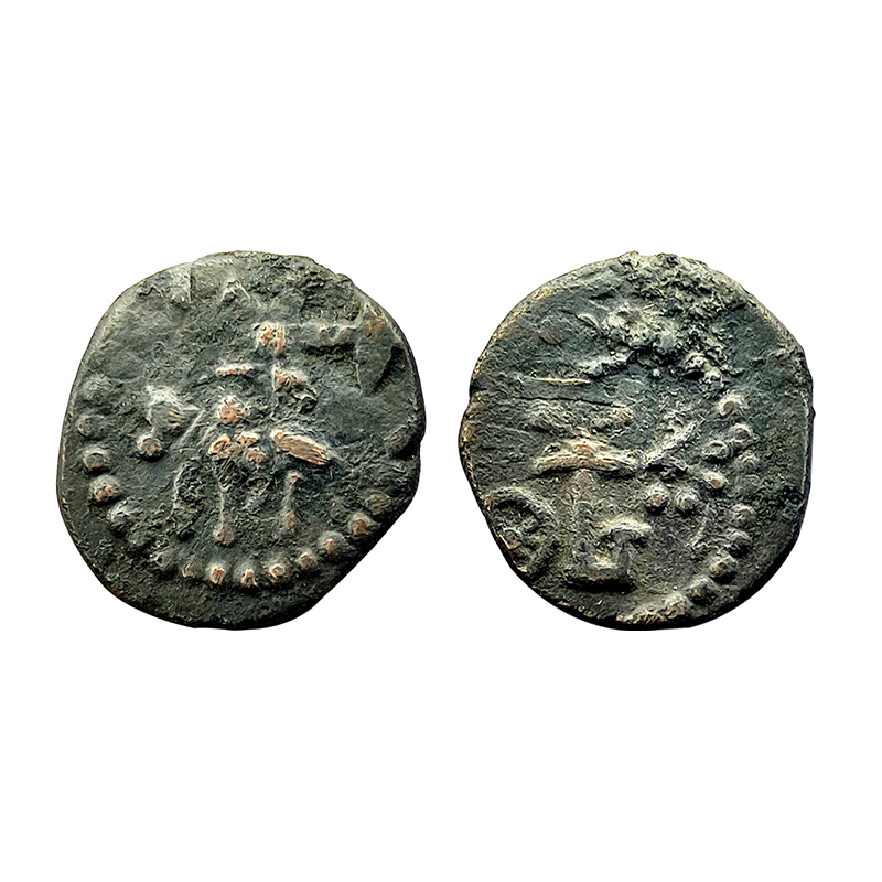Kota-Kushanas of Haryana, 3rd century AD, Copper, 3.81 g, Lord Shiva standing, holding a T