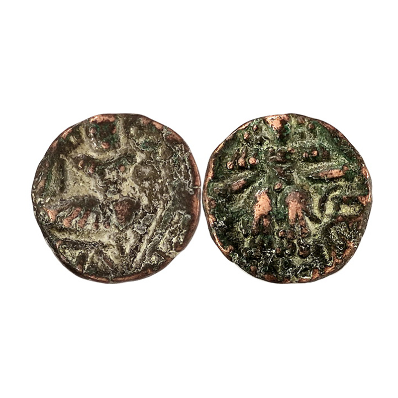 Hindu Kings of Kashmir, King Aditya Varma deva, Copper, 5.89 g, Drachma. King standing fac