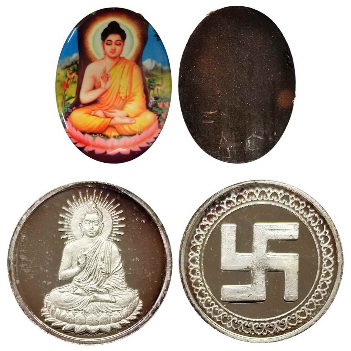 Buddha, Silver, 15 gms , obv: Buddha , rev. Swastika. Another Copper and enamel. 2 Pcs. Ex