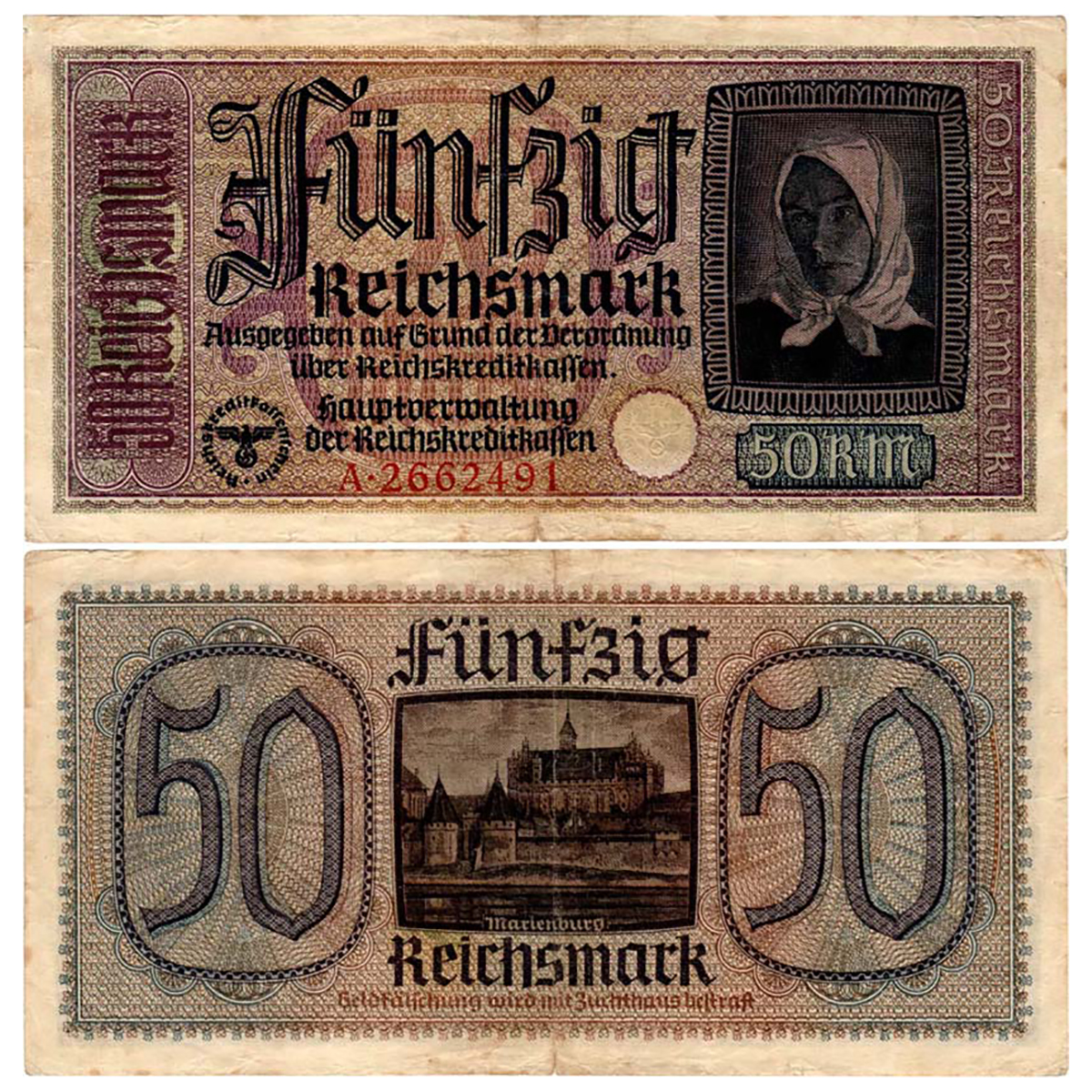 Paper, Germany, 50 Reichsmark, 1939-45. A Swastika is placed in a circle below the Eagle a