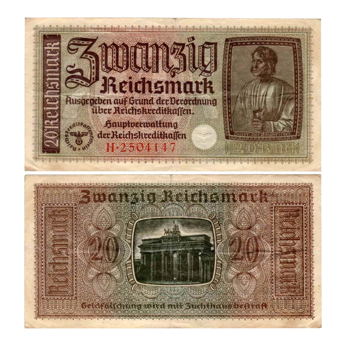 Paper, Germany, 20 Reichsmark, 1939-45. A Swastika is placed in a circle below the Eagle a
