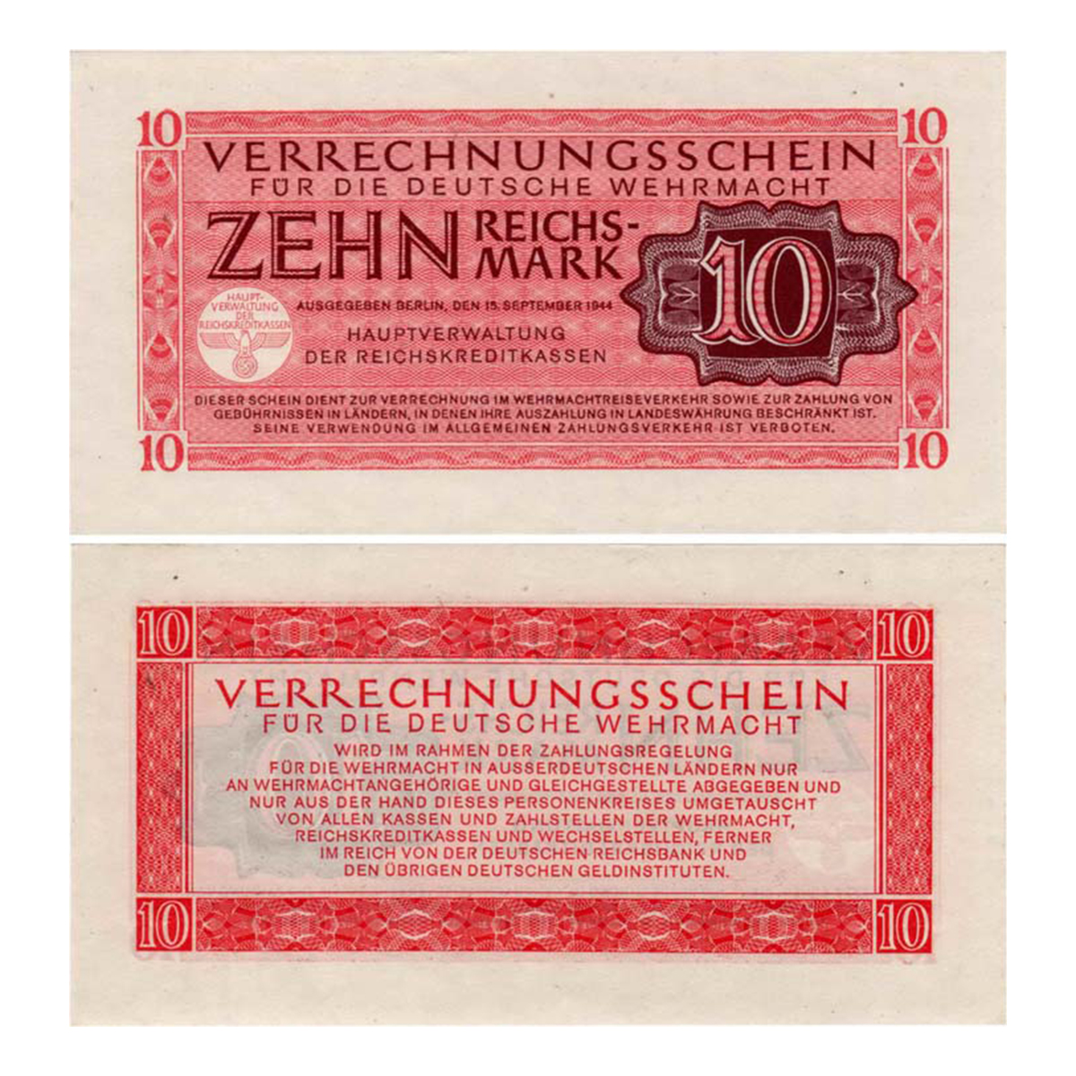 Paper, Germany, 10 Reichsmark, 1944. A Swastika is placed in a circle below the Eagle and 