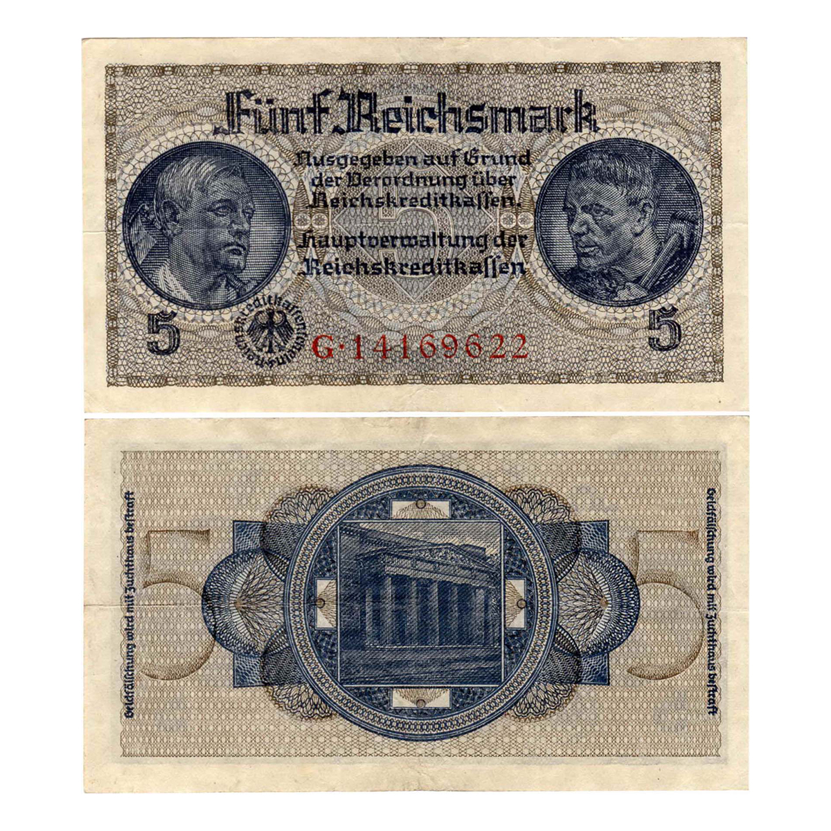 Paper, Germany, 5 Reichsmark, 1939-45. A Swastika is placed in a circle below the Eagle an