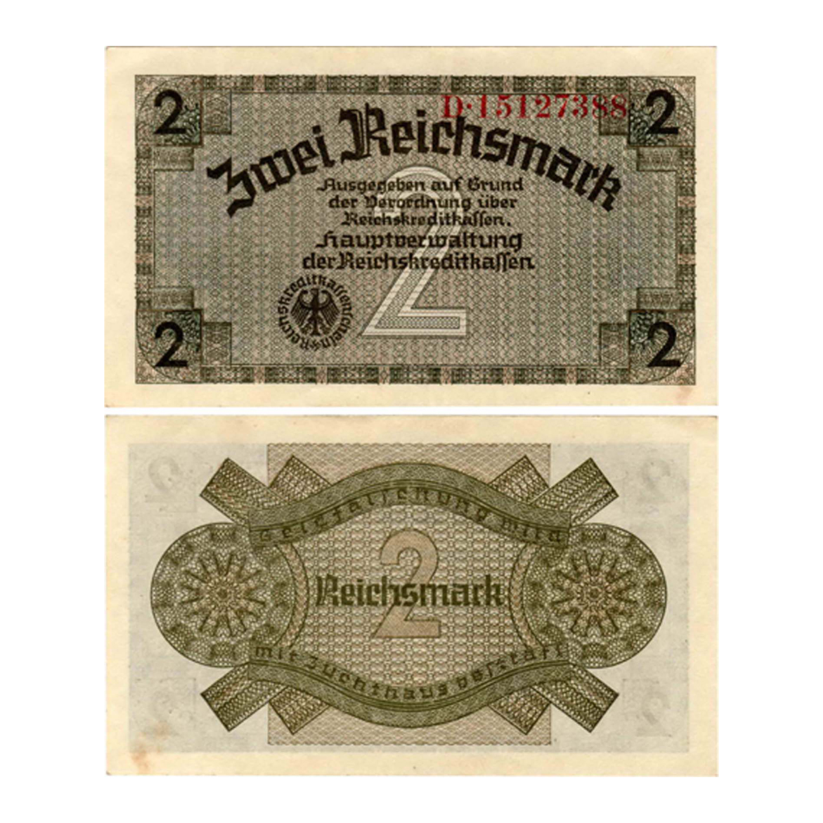 Paper, Germany, 2 Reichsmark, 1939-45. A Swastika is placed in a circle below the Eagle an