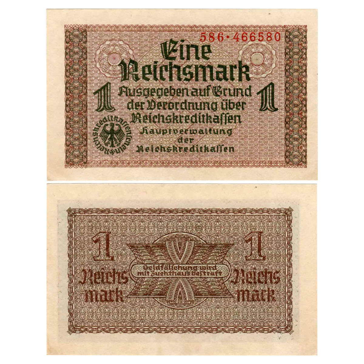 Paper, Germany, 1 Reichsmark, 1939-45. A Swastika is placed in a circle below the Eagle an