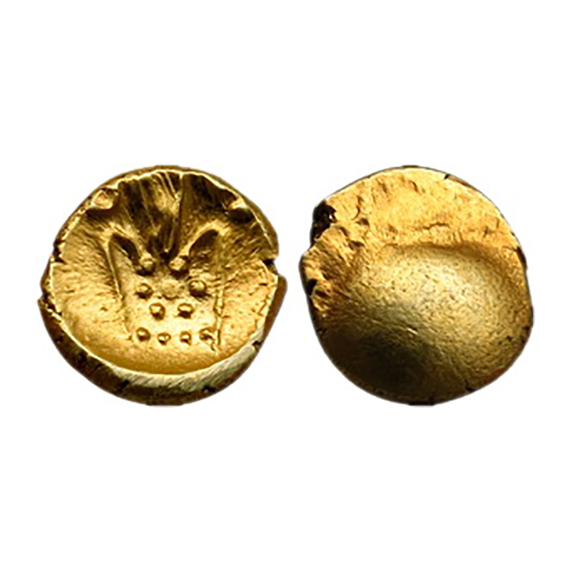 Marathas of Tanjore, Gold, 0.36 g, Fanam, Vira Raya type on obverse, goblet on reverse. UN