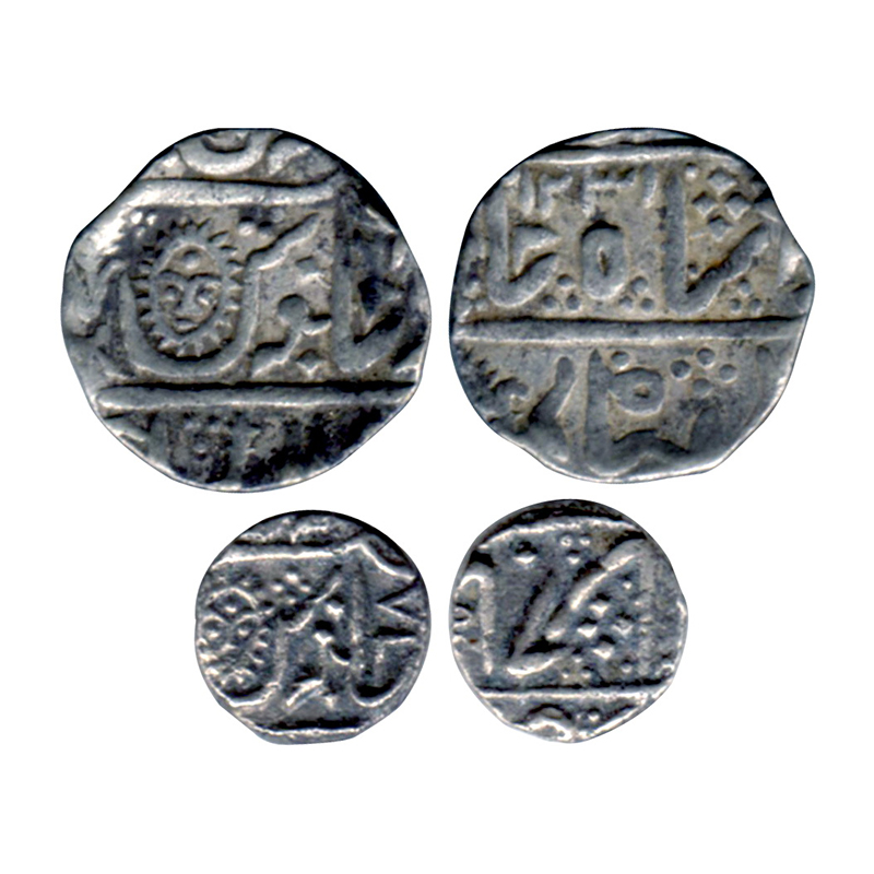 Silver, Indore, Malhar Rao II , ¼ Rupee (AH 1242/RY 7X) and Rupee (AH1231) , all with AH d