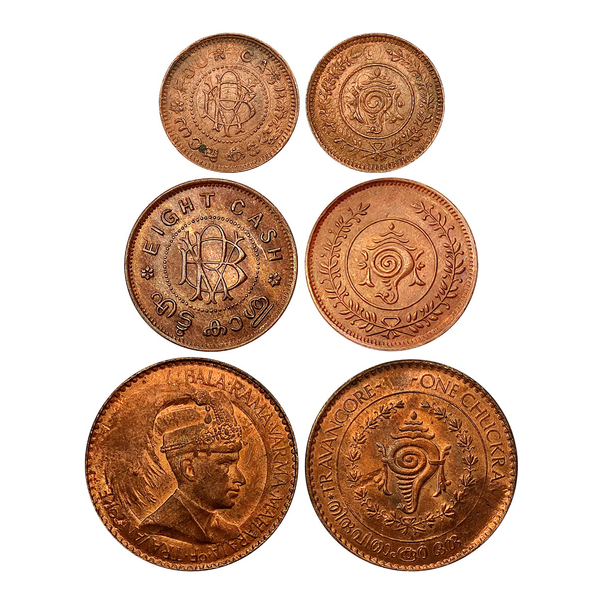 Travancore, Bala Rama Varma II (AD 1924-1949), Copper (3), Set of 3 coins: 1 Chuckram, ND,