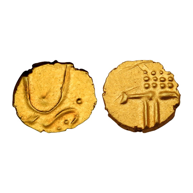 Travancore, Vira Raya Fanam, Gold, 0.39 g, traditional Vira Raya type with a lion and a bo