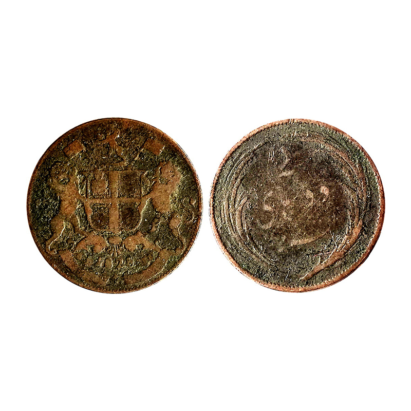 Madras Presidency, Copper, 2 Cash / Pice, 1826, Arms of the Company on obv, and Persian le