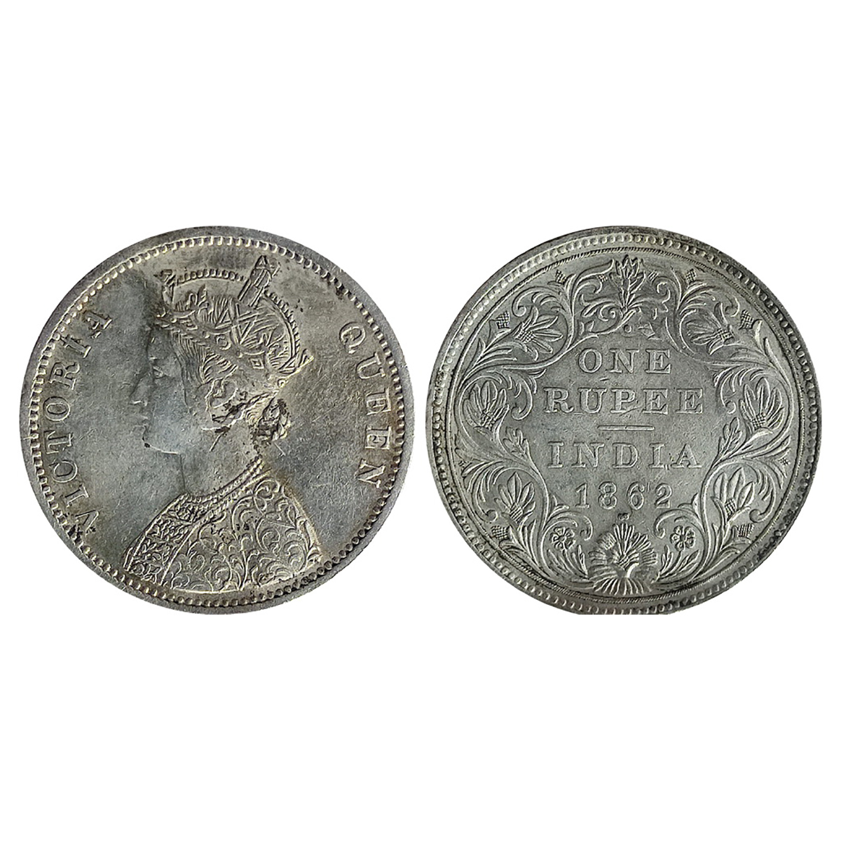 Victoria Queen, Silver, Rupee, 1862, Bombay Mint, C/II/1/2 variety. 1 Dot above and 2 conj