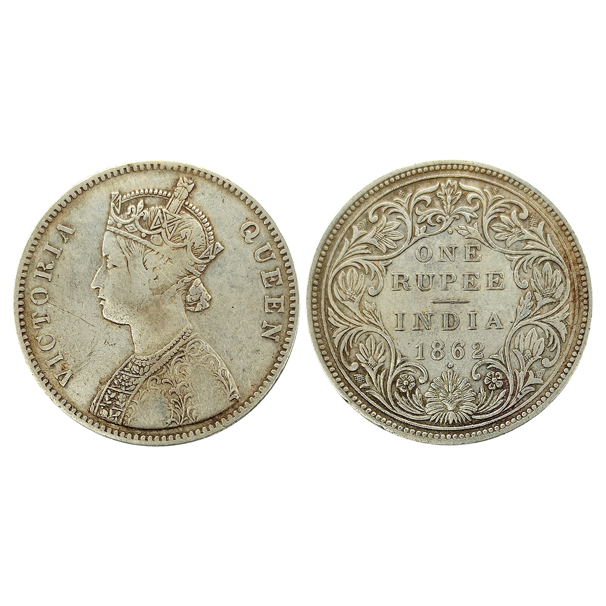 Victoria Queen, Silver, Rupee, 1862, Bombay Mint, A/II/1/1 variety. 1 Dot above and 1 Dot 