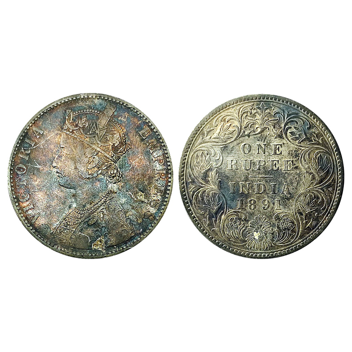 Victoria Empress, Silver, Rupee, 1891, Bombay Mint. About Extremely Fine with toning. ...
