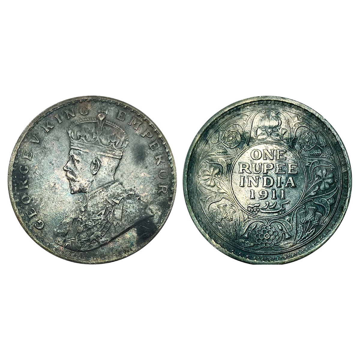George V, Silver, Pig Rupee, 1911, Calcutta Mint without Dot mint mark. Heavily toned, Rar