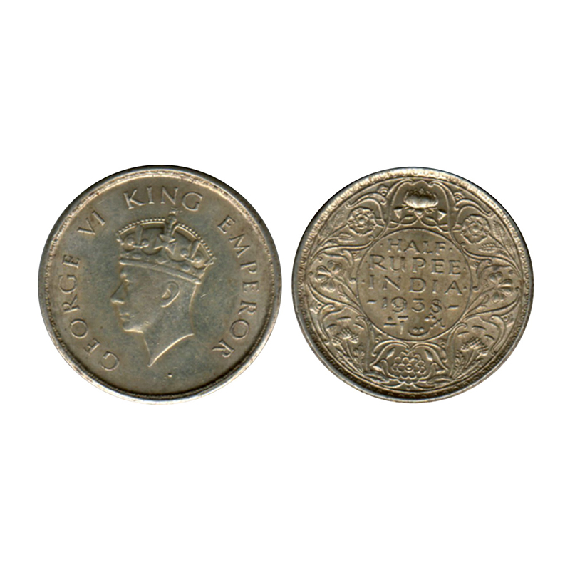George VI, Silver, ½ Rupee, 1938, 2nd Head, Bombay mint, Dot mint mark, Milled edge. About