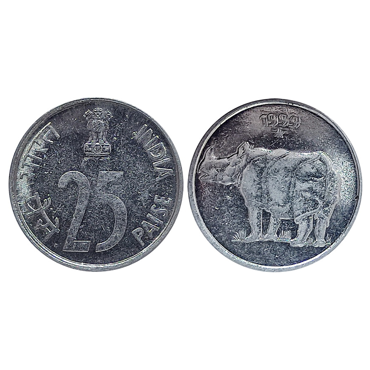 Stainless Steel, 25 Paise, Error, Rhinoceros type 1999, Hyderabad mint, Star mint mark bel