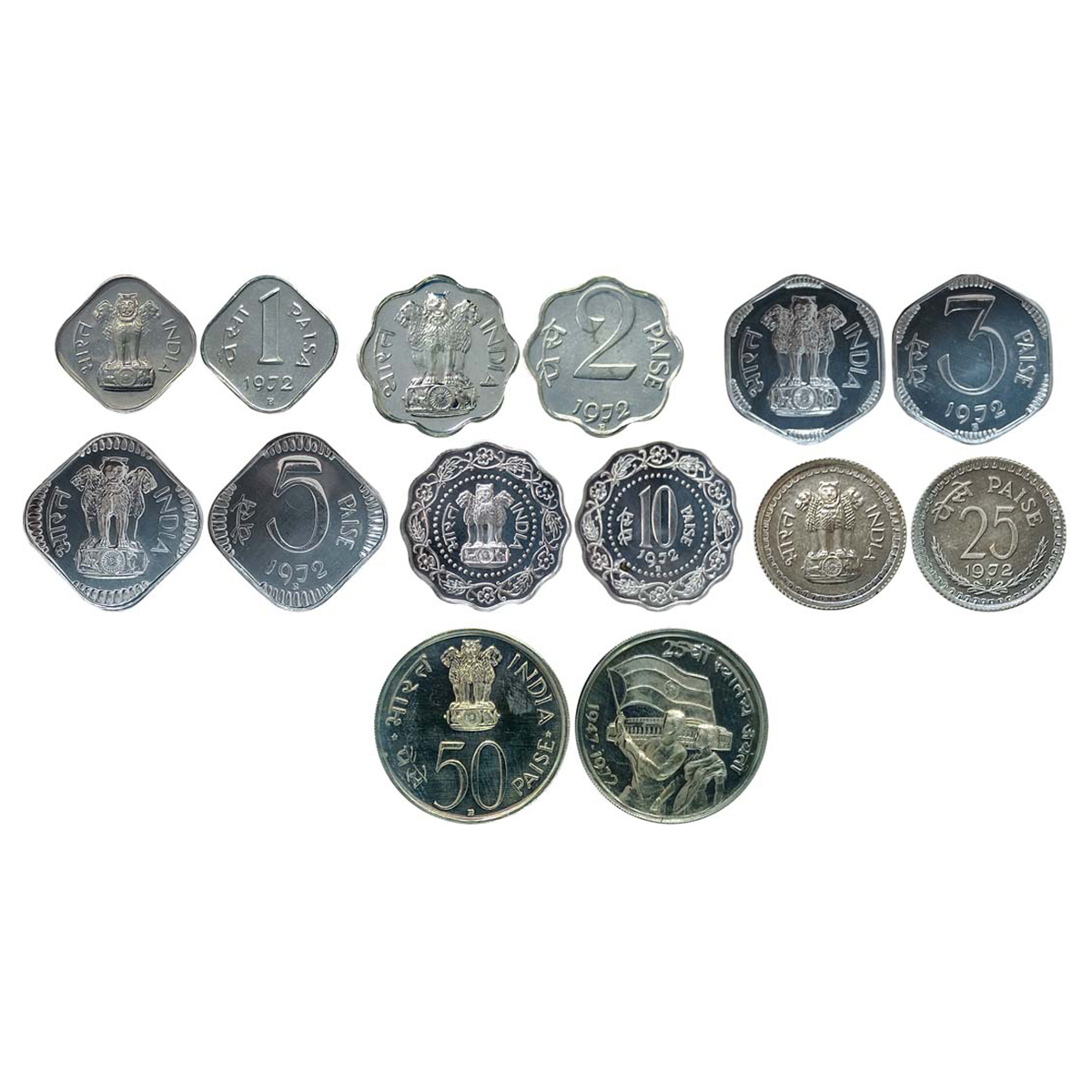 Aluminum, Proof Coins of 1972: Open Set of 7 denominations: 1 Paisa, 2, 3, 5, 10, 25 and 5
