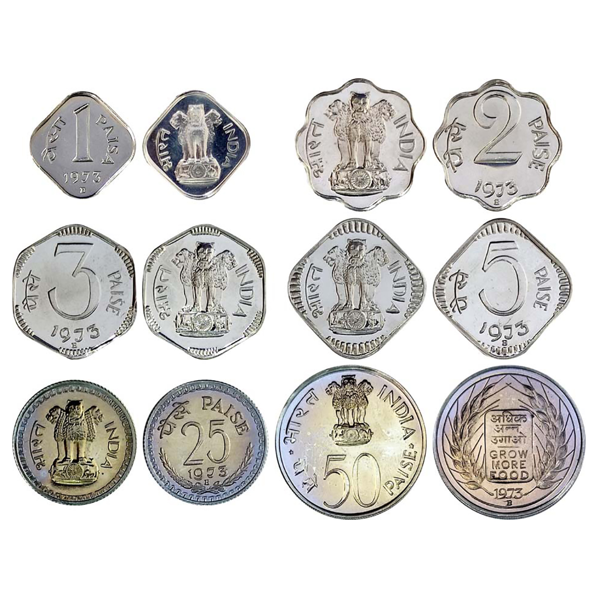 Aluminum, Proof Coins of 1973: Open Set of 7 denominations: 1 Paisa, 2, 3, 5, 10, 25 and 5