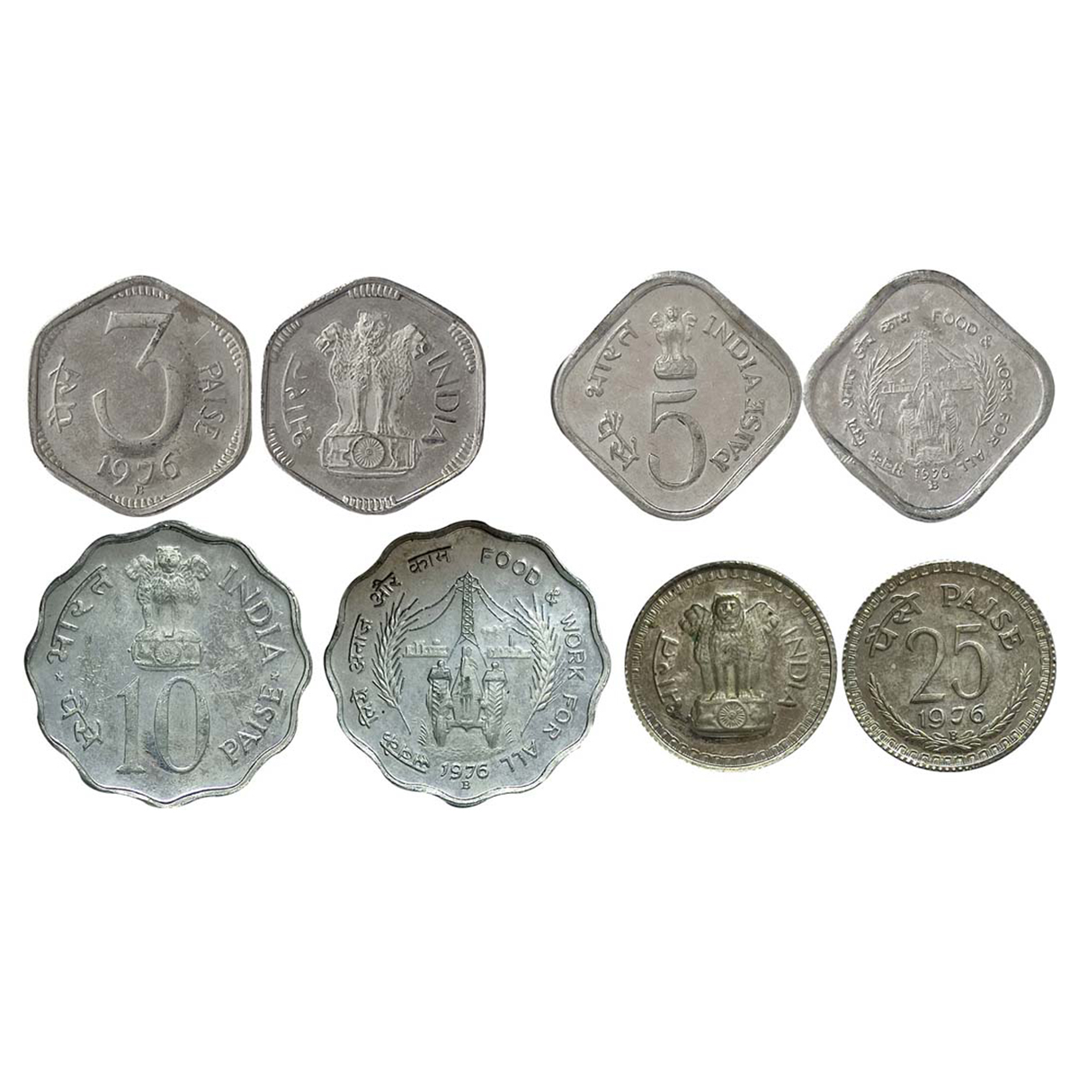 Aluminum, Proof Coins of 1976: Open Set of 4 denominations: 3, 5, 10, and 25 Paise. B as a