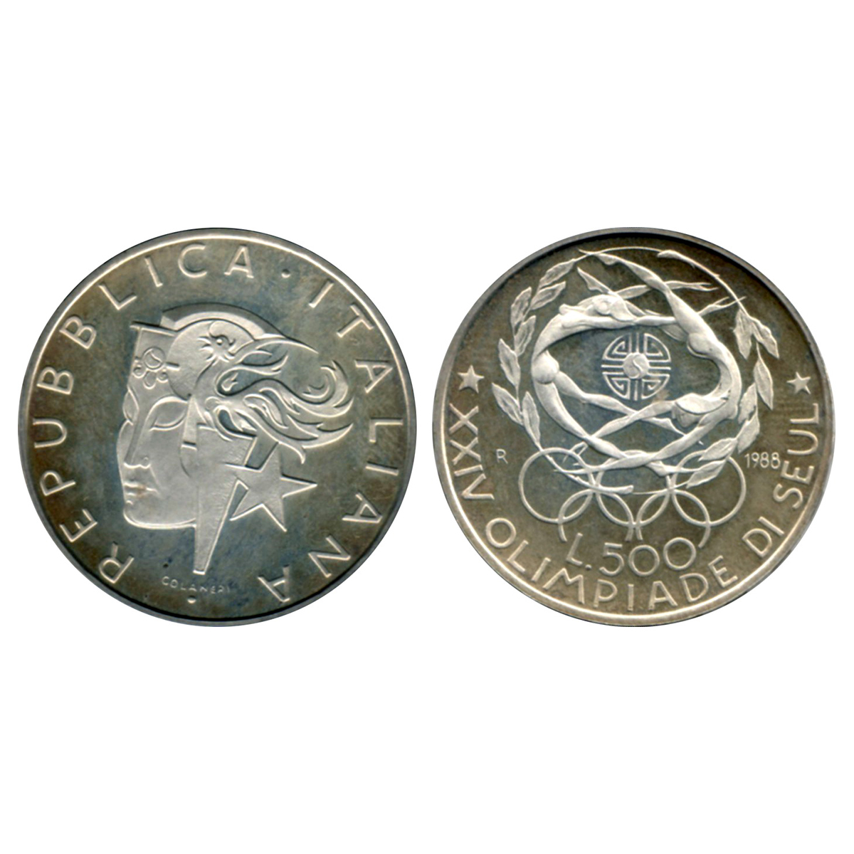 Italy, 500 Lire, 1988, Silver. 11 gm. Seoul Olympics Issue Obv: Nude Angel dancing , date 