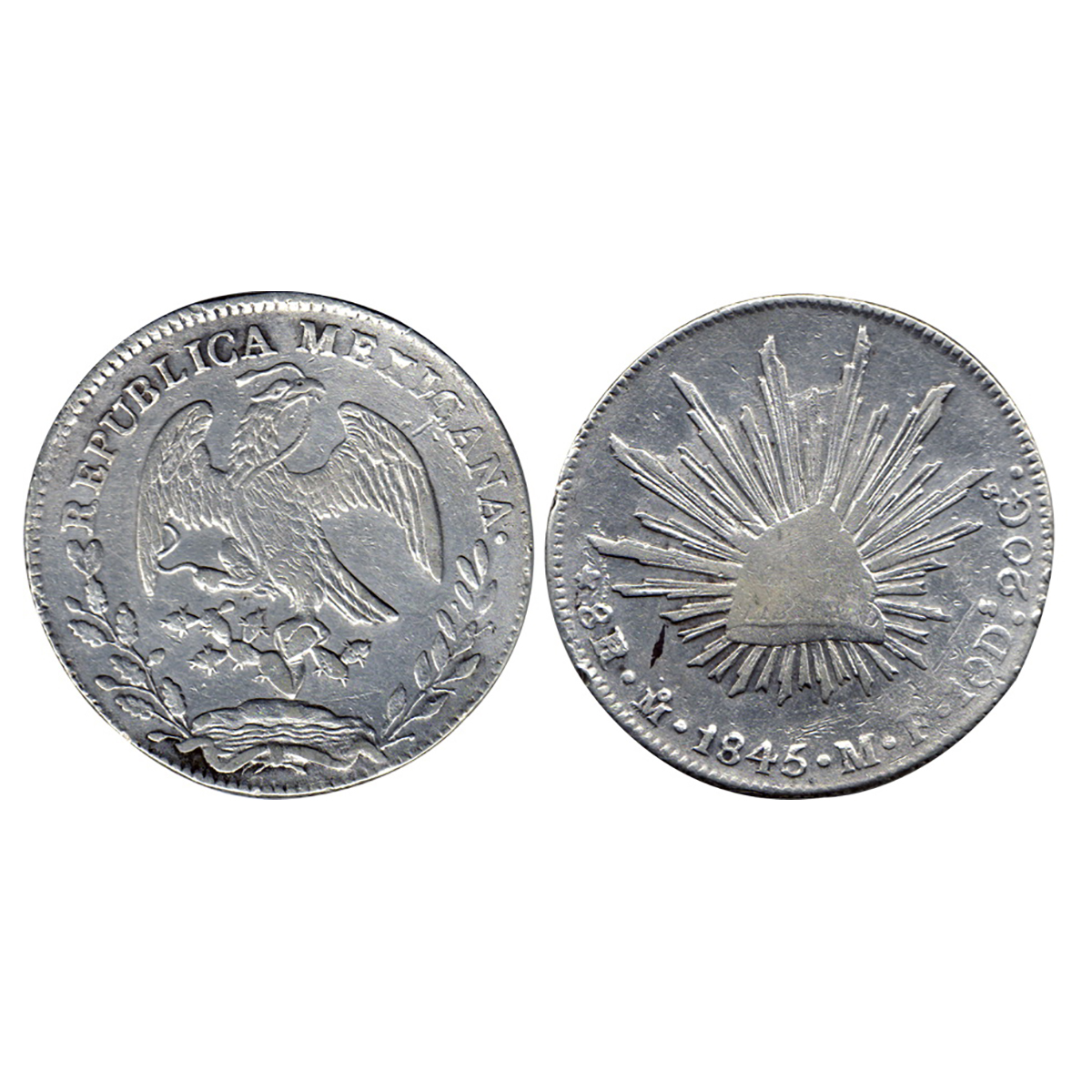 Mexico, Silver, Peso, 1845, Eagle on obverse, Value and year on reverse. About Very Fine, 