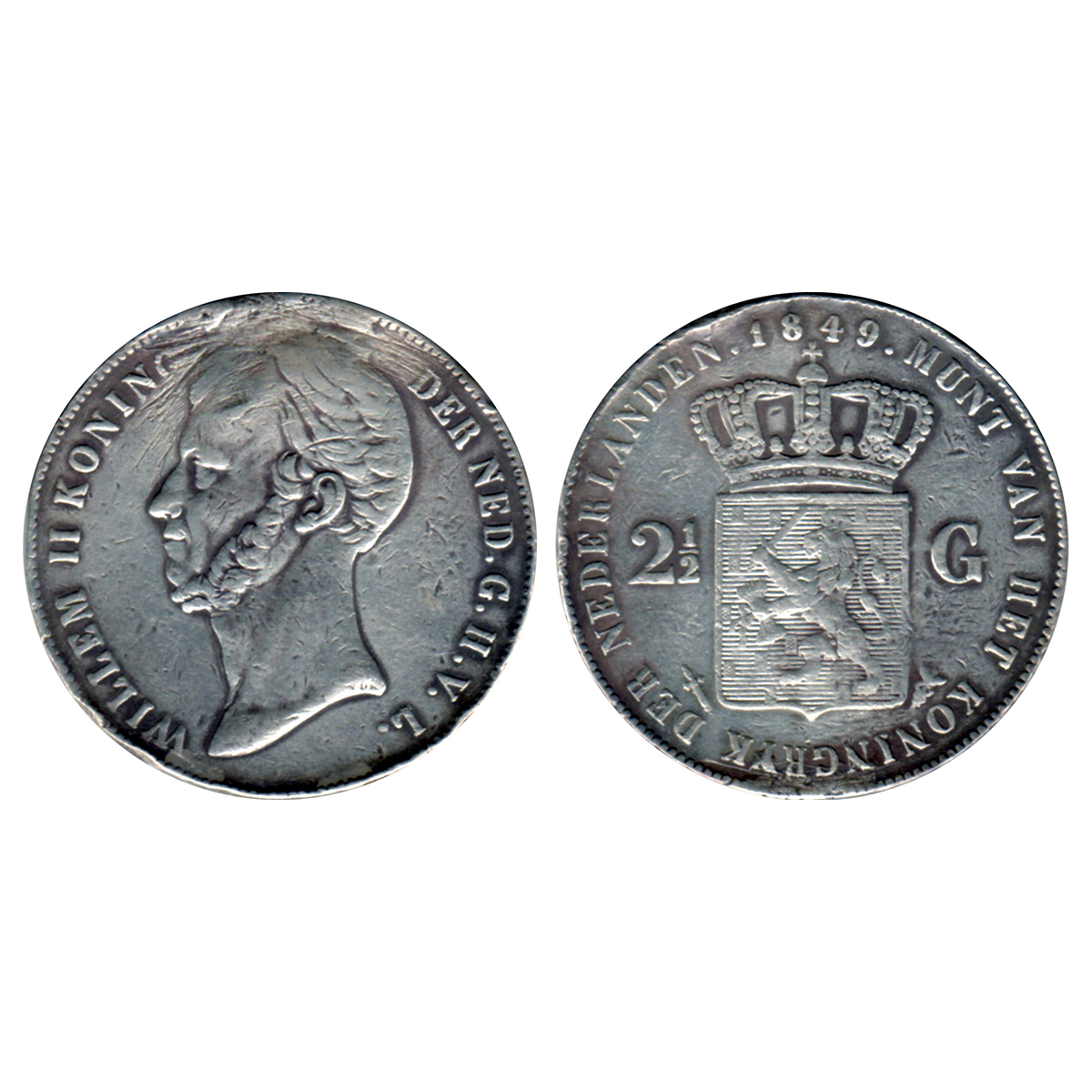 Netherlands, Willem II Koning, Silver 2½ Gulden, 24.72g, 1849 Very Fine. Ex-mount...