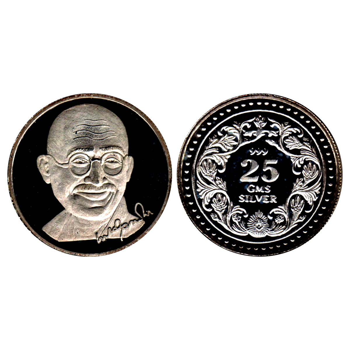 Mahatma Gandhi, Silver, 25 grams obv. portrait of Gandhi ji and his signature rev. Weight 