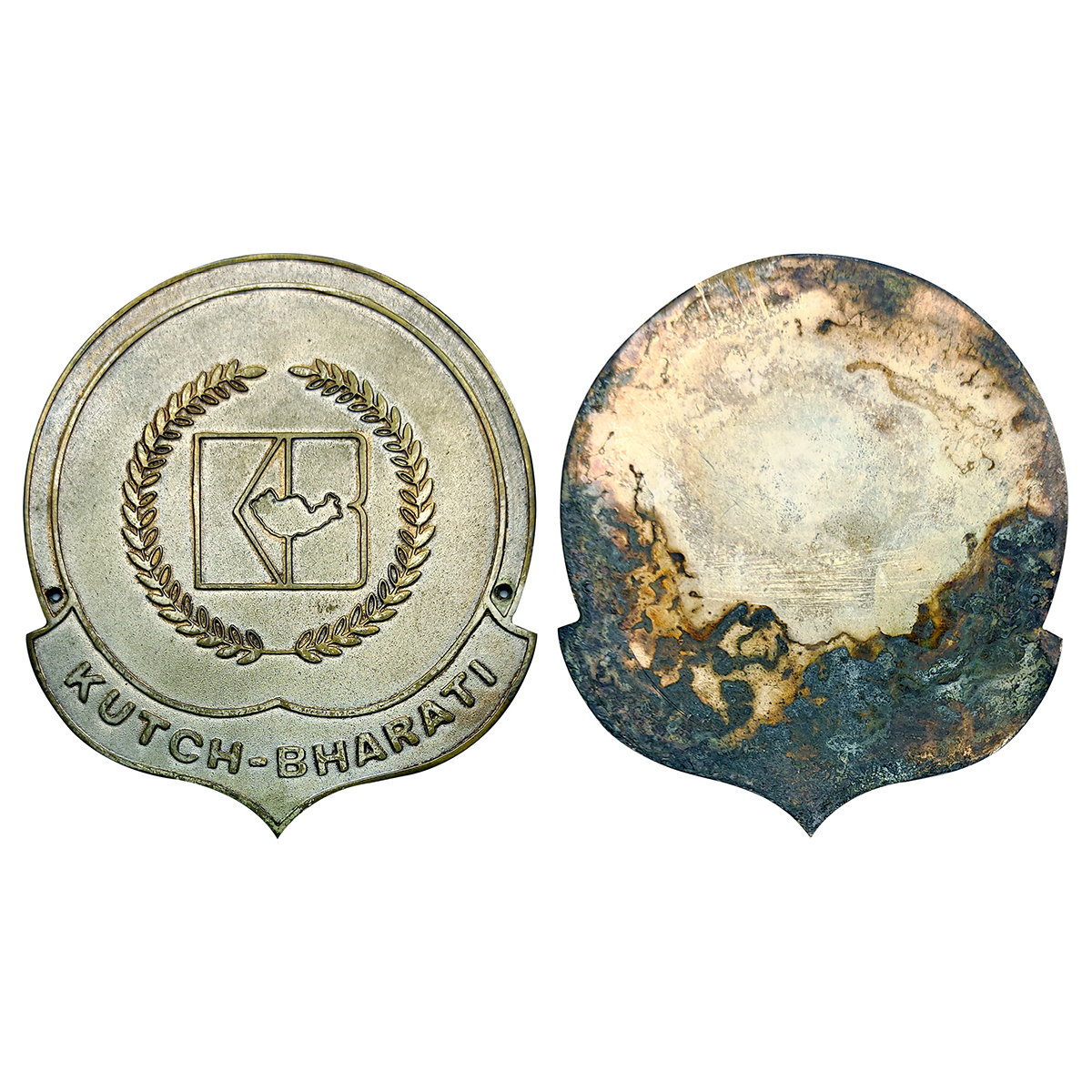 Kutch- Award badge - KUTCH BHARATI- Silver plated on Copper, 7.6 cm by 6.5 cm. Obv, Map of