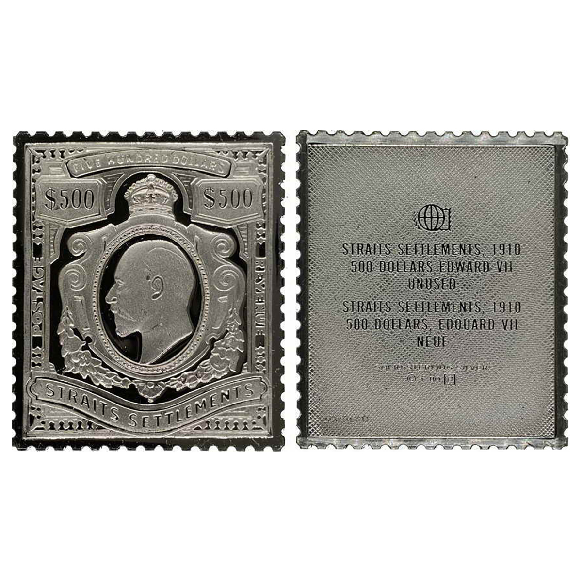 Strait Settlement, Postal Stamp ingot, Edward VII, Silver, 500 Dollars, 18.73g, Obv: Portr