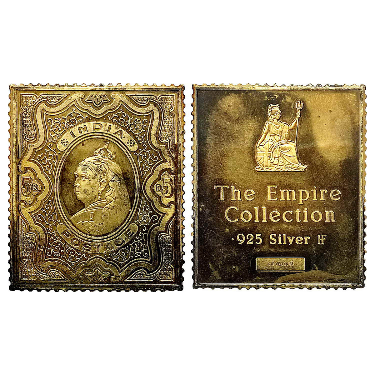 Proof Stamp, GOLD gilt on Silver Ingot, 20g, India, Rupees 5 stamp of Victoria. Uncirculat