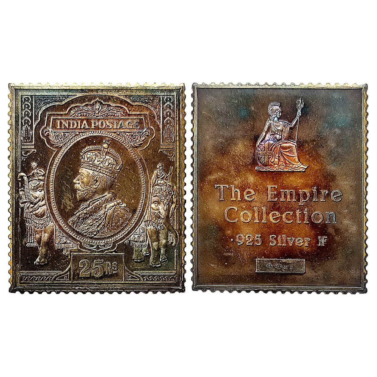 Proof Stamp, GOLD gilt on Silver Ingot, 22g, India, Rupees 25 stamp of George V. Uncircula