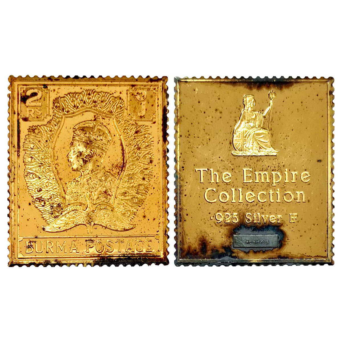 Proof Stamp, GOLD gilt on Silver Ingot, 20g,Burma, Rupees 2, stamp of George VI. Uncircula