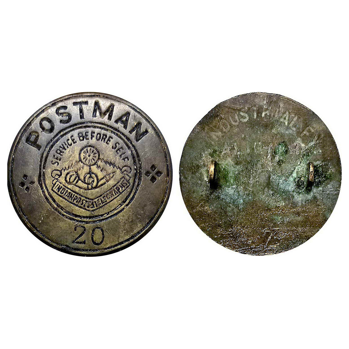 Old India post badge of postman. Copper. Obv: old logo of India post and POST MAN on top. 