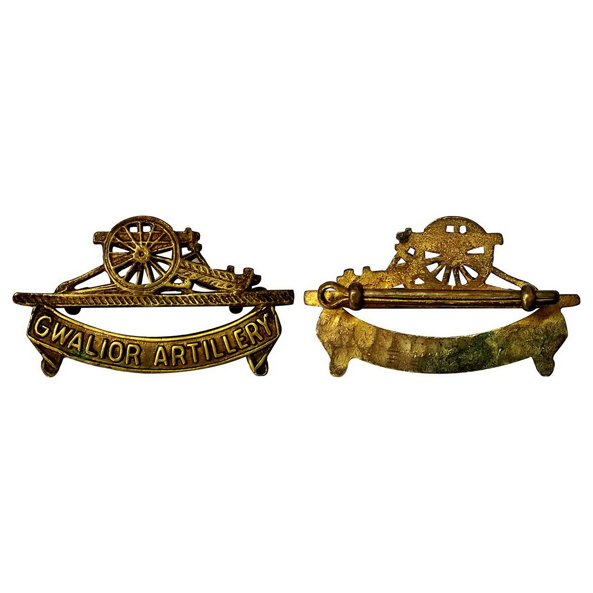 Gwalior State, Bronze, 12.54 g, Cap Badge of Gwalior Artillery, Canon of the State with En