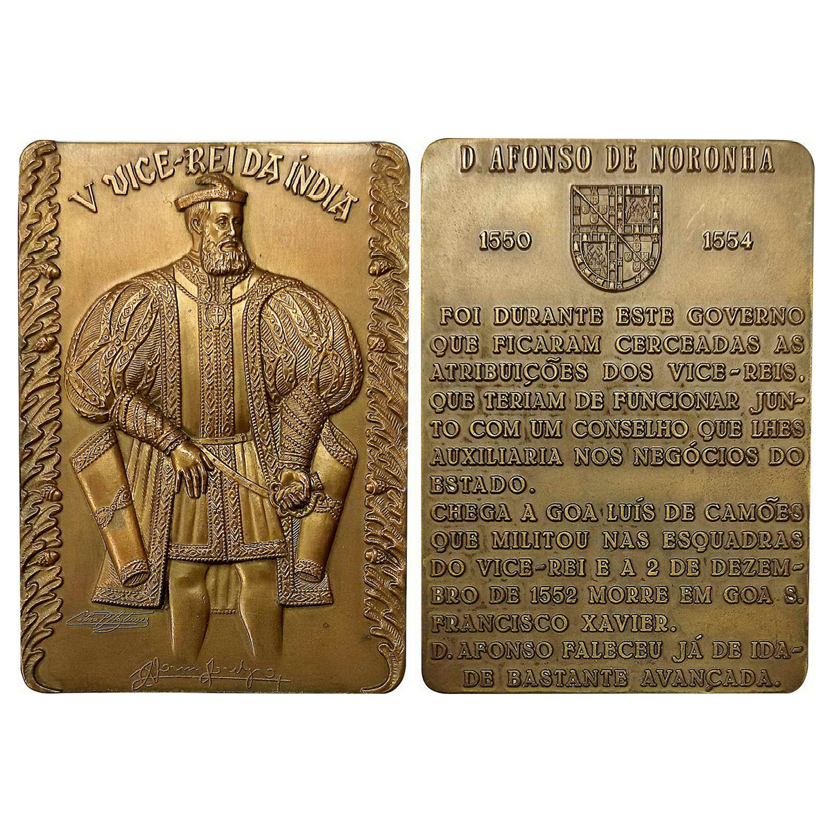 Indo Portuguese, 5th Viceroy of India Dom AFONSO DE NORONHA, Rectangular Heavy Bronze Meda