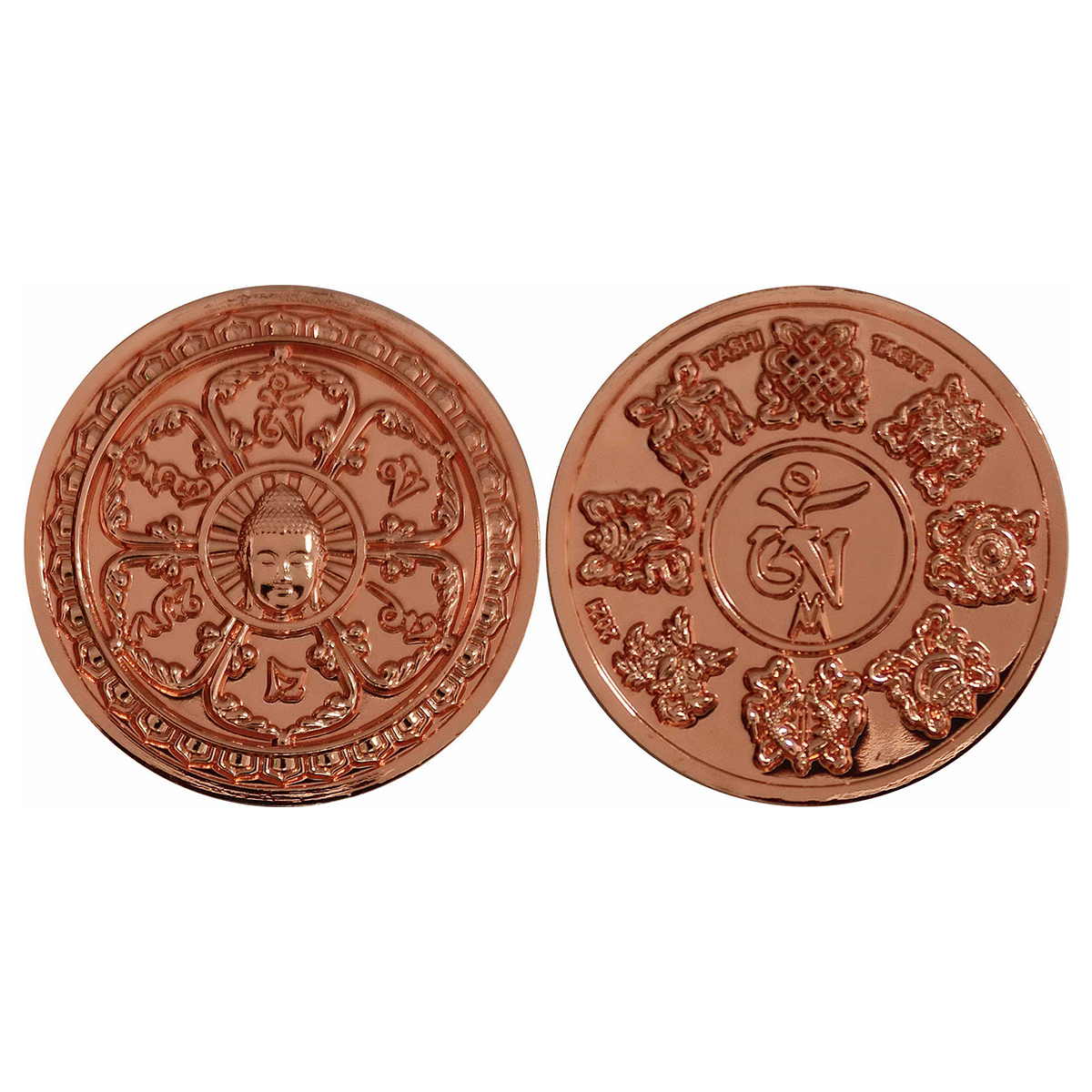 Buddha Medal- Tibet- Copper- 23 gm. Obv: Buddha in Dharma Chakra and " OM MANI PADME NAMAH