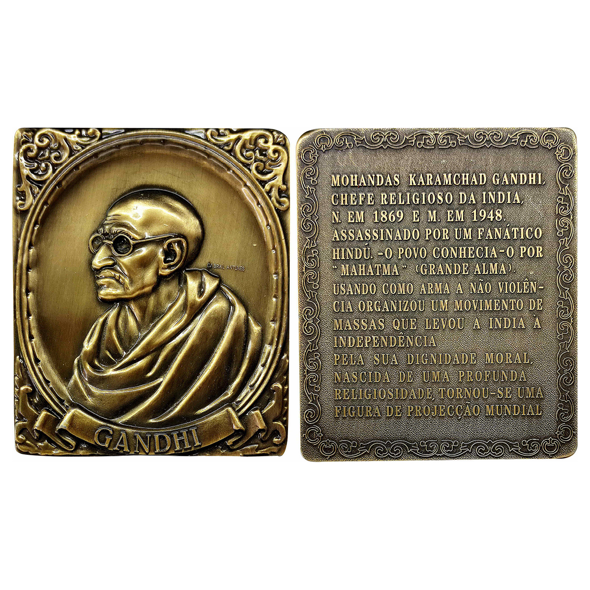 Mahatma Gandhi Medal, Large rectangular Medal, Bronze. Obv: portrait and GANDHI below. Rev