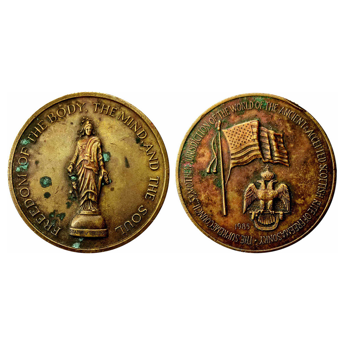 Freemasonry Medal, Bronze, 51.60 g, Statue of Freedom in the centre with legend, Freedom o