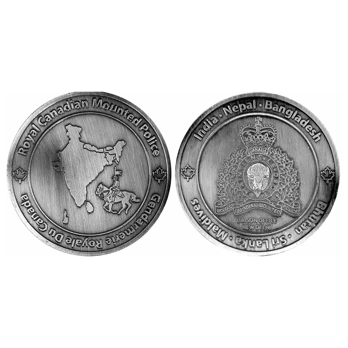 Stainless Steel, Royal Canadian Mounted Police Medal, Steel, 52.45 g, Map of India with a 