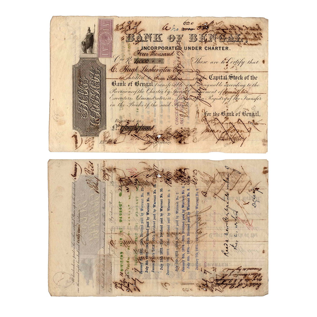 Paper, Bank of Bengal, Four share of 4,000 Company Rupees, January 1867 (dated on the back