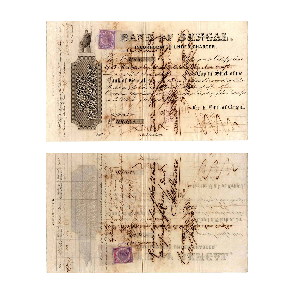 Paper, Bank of Bengal, one share of 1,000 Government Rupees, July 1875 (dated on the front